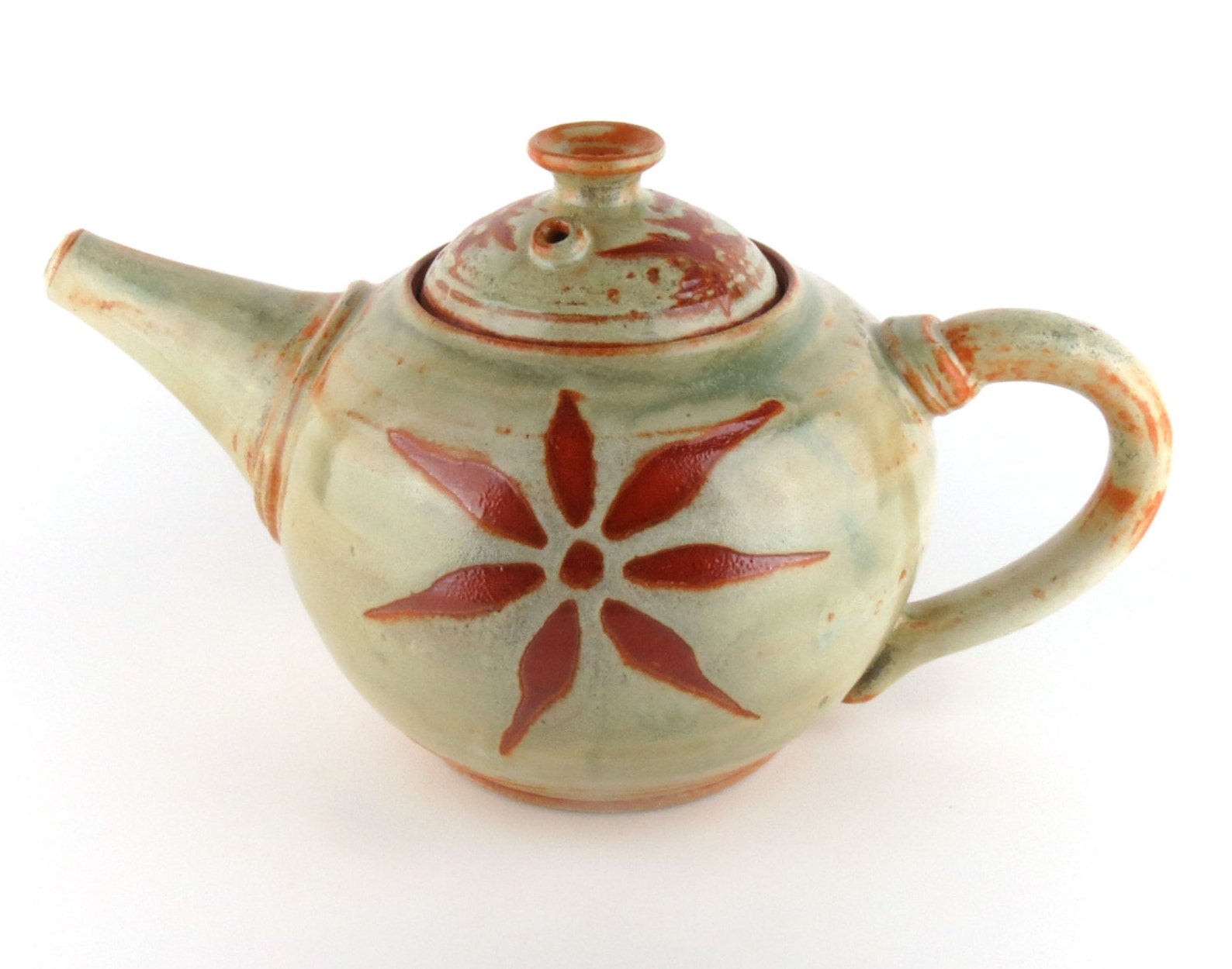 Stoneware Teapot 48 Oz. Sage Green Teapot With Burnt Orange Etsy