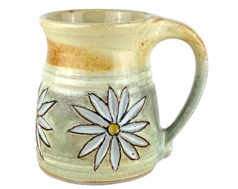 Handmade 12 oz. Stoneware Daisy Mug, Pottery Coffee Mug, Soft Yellow and Pale Green