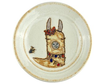 Small Satin White Dreaming Llama Plate, decorative trinket or ring dish