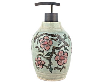 16 oz Liquid Soap Dispenser or Lotion Dispenser, Pale Blue Green Lotion Bottle, Handmade Soap Bottle with Cherry Blossoms
