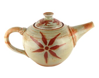 Stoneware Teapot,  48 oz. Sage Green Teapot with Burnt Orange Sunburst