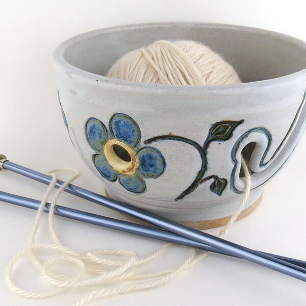 Ceramic Yarn Bowl - White with Blue Flowers- Handmade Wheel Thrown Pottery