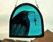 Raven Key Stained Glass Crow Painted Panel Window Hanging Suncatcher