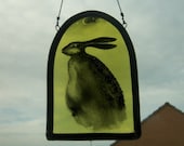 Stained Glass Hare Hand Painted Panel Rabbit Moon Crescent Window Hanging