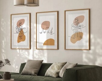 Music Minimalist Digital Download Wall Art Set of 3 Frames Abstract Line Art Guitar Prints Neutral Color Palette Modern Home Music Decor