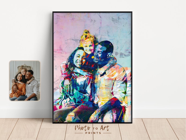 May include: A framed art print featuring a family portrait with vibrant, abstract colors. The artwork depicts a smiling family of three, with the text "Photo to Art Prints" at the bottom. A smaller, unframed photo is also visible.