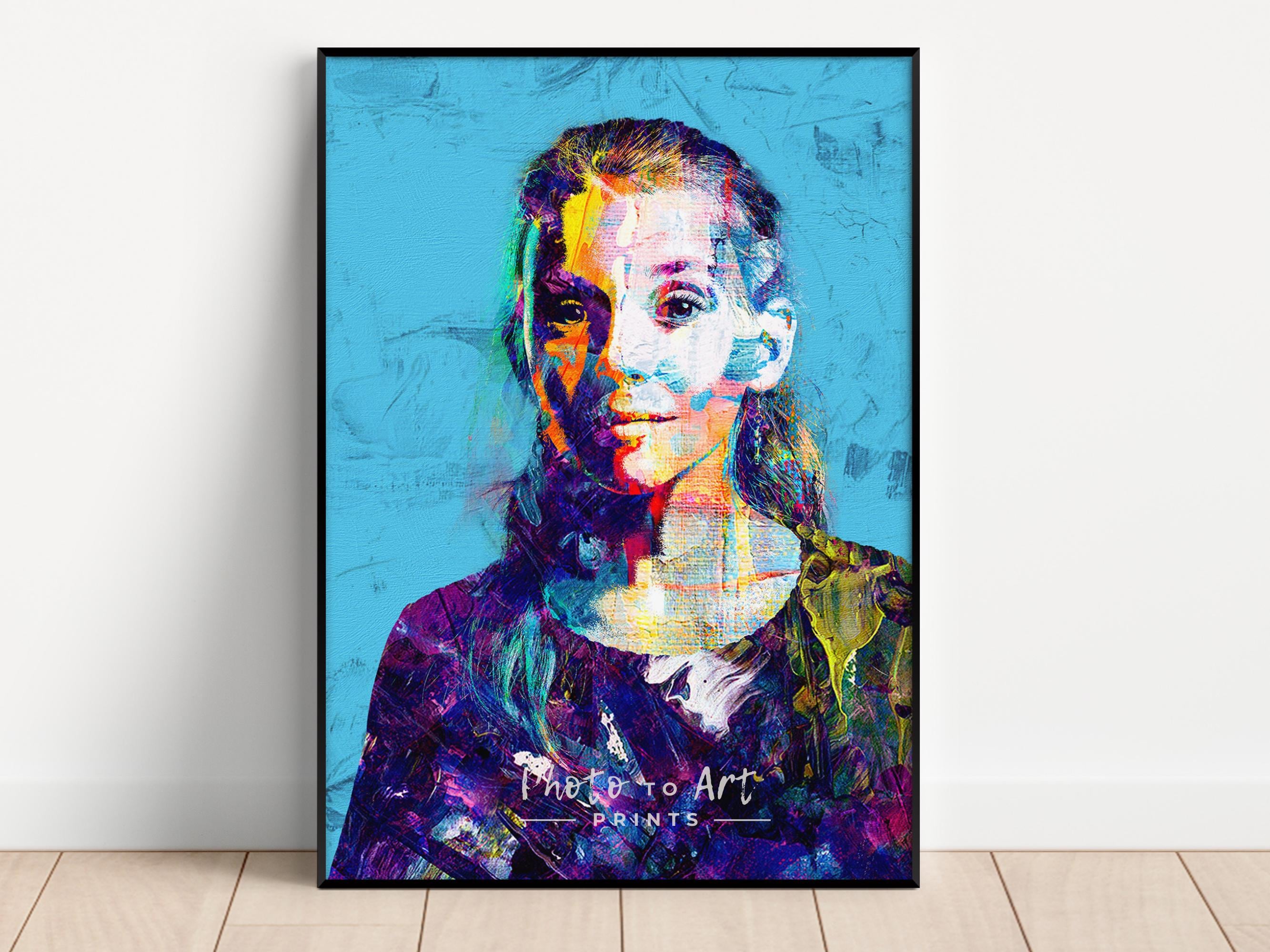 古塔つみ over print POP ART canvas blue ED11 Hand Drawn Custom Abstract Portrait From Photo - Vibrant Heirloom
