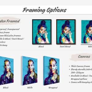May include: Framing options for a pop art portrait. The image shows a woman with blue hair and colorful makeup. Options include wooden framed prints in black, dark wood, and white, and canvas prints in black, white, and wrapped styles.