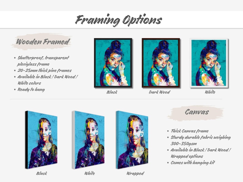 May include: Framing options for a pop art portrait. The image shows a woman with blue hair and colorful makeup. Options include wooden framed prints in black, dark wood, and white, and canvas prints in black, white, and wrapped styles.