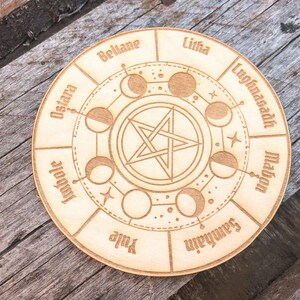 Wheel of the Year Board with Pentagram – Moon Phase Altar Tile, Pagan Wiccan Decor