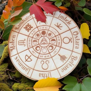 Wheel of the Year Engraved Wooden Board – Sabbat Calendar, Wiccan Altar Decor, Moon Phases & Triquetra