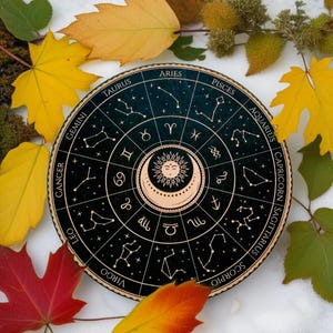 Zodiac Wheel Altar Board — Astrology Chart with Star Signs & Constellations — Wooden Ritual Decor, Astrology Gift Functional Altar