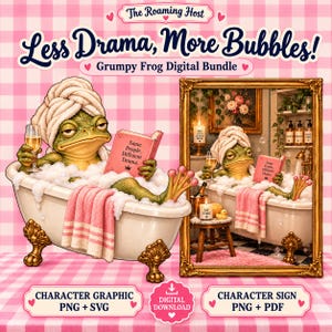 Pode incluir: Um pacote digital com um sapo verde numa banheira com pés, uma toalha na cabeça, segurando um copo e um livro intitulado Same People, Different Drama. Texto Less Drama, More Bubbles! Grumpy Frog Digital Bundle num fundo de xadrez rosa.