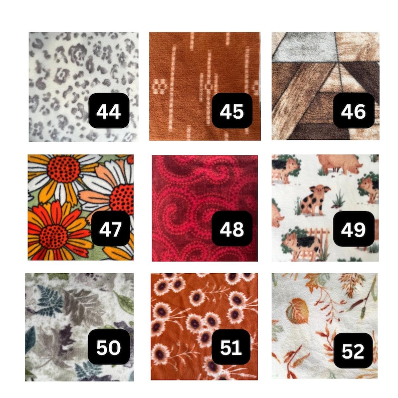 May include: A grid of nine fabric swatches labeled 44 through 52. Patterns include gray leopard print, orange geometric lines, brown triangles, orange daisies, red swirls, piglets, autumn leaves, orange flowers, and fall foliage on white.