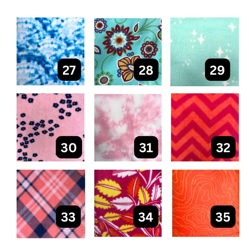 May include: A grid of nine fabric swatches labeled 27 through 35. Patterns include blue tie-dye, floral, stars on mint, small flowers on pink, pink tie-dye, red chevron, pink plaid, yellow and orange leaves on magenta, and orange topographic lines.