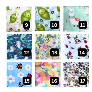 May include: A grid of nine fabric swatches labeled 9 through 17. Patterns include green peas in pods, llamas, mermaids with unicorn heads, floral prints, ladybugs with white flowers, and a colorful abstract watercolor design on various backgrounds.