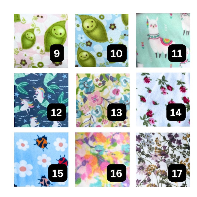 May include: A grid of nine fabric swatches labeled 9 through 17. Patterns include green peas in pods, llamas, mermaids with unicorn heads, floral prints, ladybugs with white flowers, and a colorful abstract watercolor design on various backgrounds.
