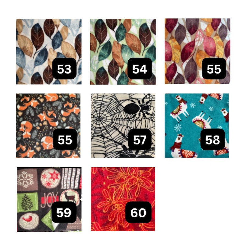 May include: A grid of eight fabric swatches labeled 53 through 60. Patterns include autumn leaves, foxes on black, a spider web, llamas on teal, holiday motifs with the text JOY, and red mistletoe. Each swatch displays a distinct graphic print.