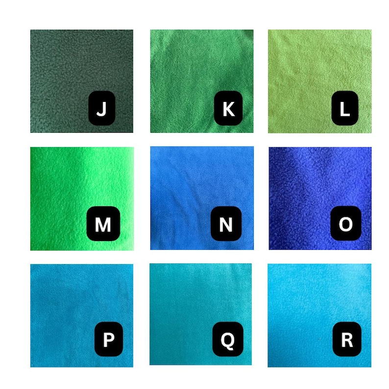 May include: A grid of nine fabric swatches featuring various shades of green and blue. Each square is labeled with a black letter tag from J to R. The textures appear soft and fuzzy, displaying colors ranging from dark forest green to bright cyan.