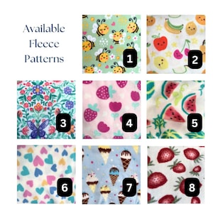 May include: A grid of eight fleece fabric patterns labeled Available Fleece Patterns. Patterns include bees on green, fruit, floral with butterflies, strawberries, watermelon slices, colorful hearts, ice cream cones, and red strawberries.