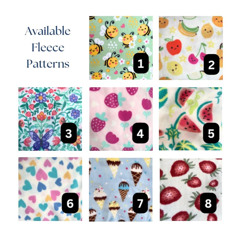 May include: A grid of eight fleece fabric patterns labeled Available Fleece Patterns. Patterns include bees on green, fruit, floral with butterflies, strawberries, watermelon slices, colorful hearts, ice cream cones, and red strawberries.