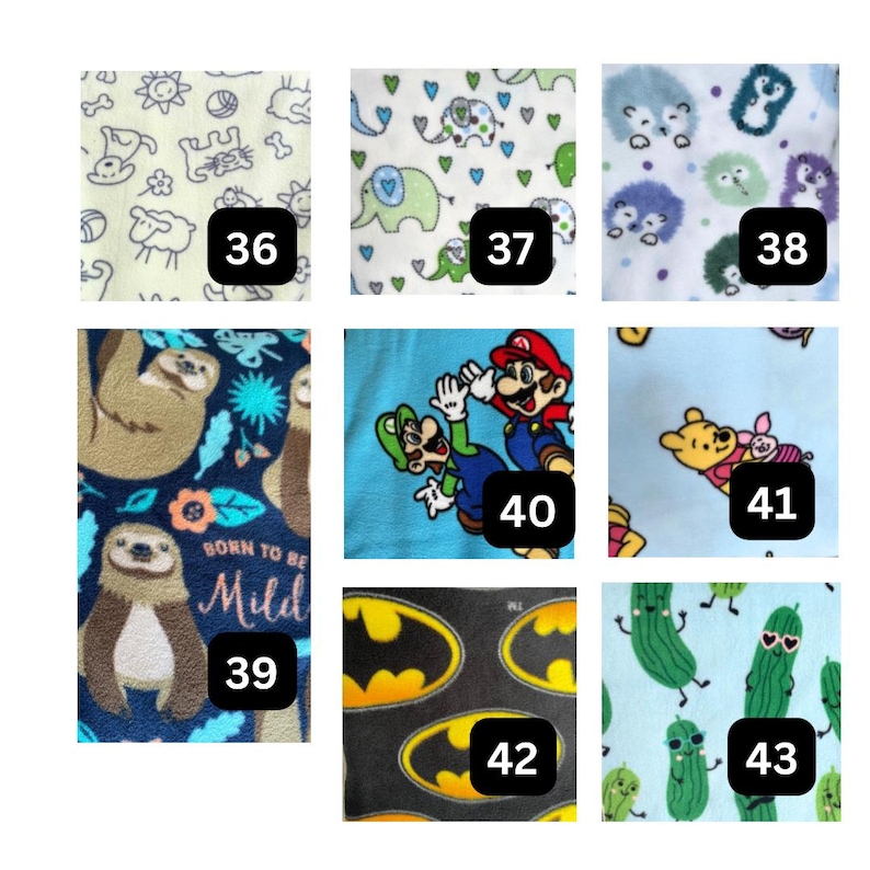 May include: A collection of eight fabric swatches labeled 36 through 43, featuring patterns of line-art animals, elephants, hedgehogs, sloths with the text Born to be Mild, Mario and Luigi, Winnie the Pooh, Batman logos, and sunglasses-wearing pickles.