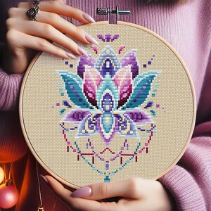 Mandala-kruissteekpatroon - DIY bloemenborduurontwerp voor beginners - unieke lotusbloemenkaart - sjabloon digitaal handwerk