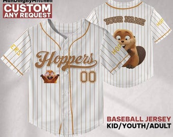 Custom Hoppers baseball jersey, White Striped Brown jersey, Funny Hoppers Gift for Kids, Funny Hoppers Gift for Kids, Hoppers Movie