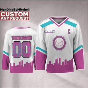 Custom Spidey Gwen City Skyline Hockey Jersey, Kid Adult Matching Hockey Jersey, Disneyland Family image 1