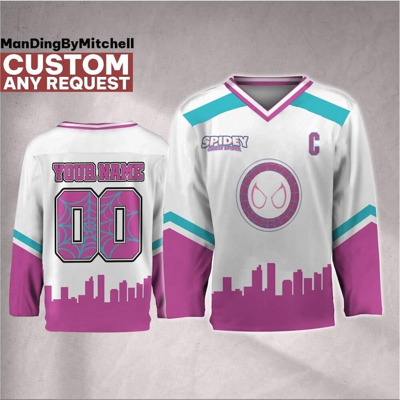 Custom Spidey Gwen City Skyline Hockey Jersey, Kid Adult Matching Hockey Jersey, Disneyland Family image 1