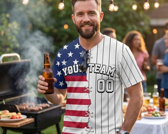 Fierce Ripped Flag Pinstripe Baseball Jersey Custom Team Name USA 250th Anniversary Father's Day Dad Gift Patriotic Semiquincentennial Fan