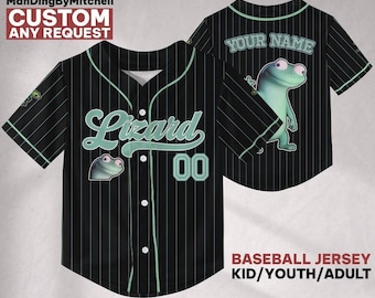 Custom Lizard baseball jersey Tom Lizard, Black Striped Green jersey, Disney Family, Mabel, Ellen Bear, Tom Lizard, Loaf, Hoppers movie