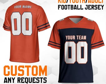 Custom Football Jerseys navy and orange color—Personalized Stitched Name Number Logo, Team Sports Uniforms Mesh Shirt, Party Gifts for Men