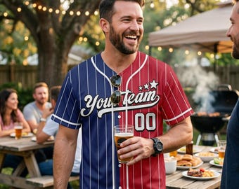 Dynamic Split Red Blue Pinstripe Baseball Jersey Custom Name USA 250th Anniversary Father's Day Dad Gift Patriotic Semiquincentennial Gear