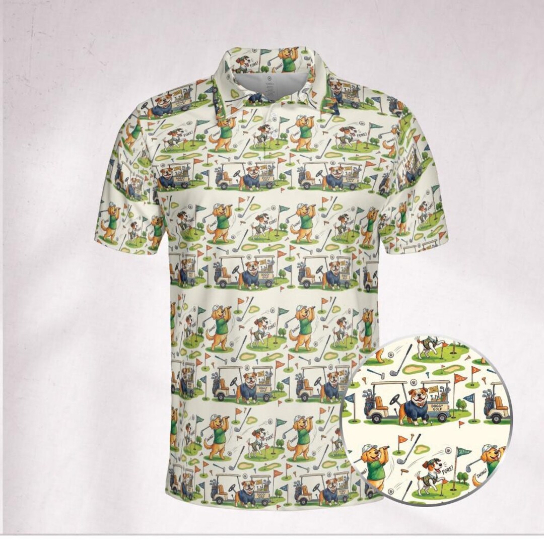 Dog Golf Pattern Polo Shirt, Pattern Golf Polos, Matching Team Uniform ...
