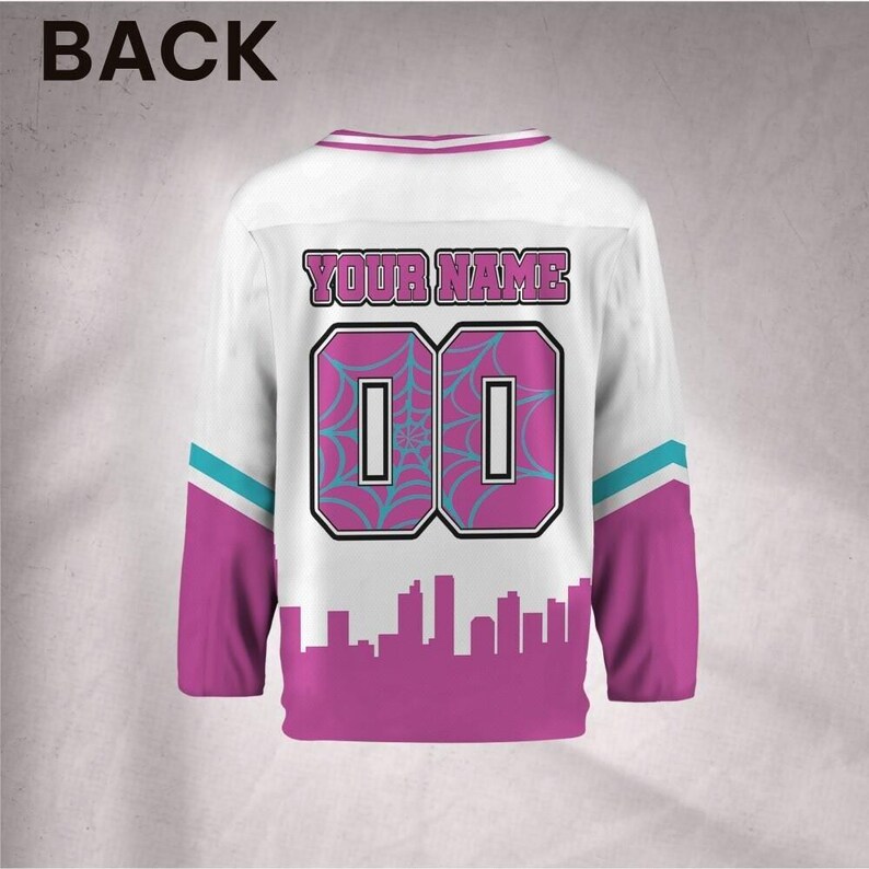 Custom Spidey Gwen City Skyline Hockey Jersey, Kid Adult Matching Hockey Jersey, Disneyland Family image 3
