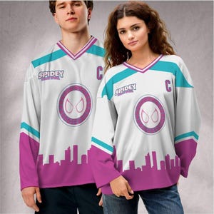 Custom Spidey Gwen City Skyline Hockey Jersey, Kid Adult Matching Hockey Jersey, Disneyland Family image 4