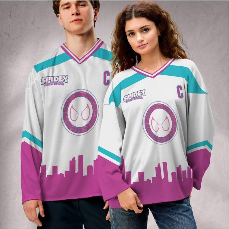 Custom Spidey Gwen City Skyline Hockey Jersey, Kid Adult Matching Hockey Jersey, Disneyland Family image 4
