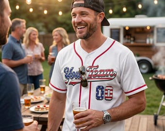 Majestic White Red Piping Baseball Jersey Flag Number Custom Name USA 250th Anniversary Father's Day Dad Gift Patriotic Semiquincentennial