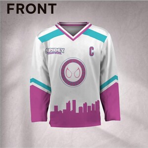 Custom Spidey Gwen City Skyline Hockey Jersey, Kid Adult Matching Hockey Jersey, Disneyland Family image 2