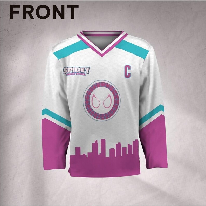 Custom Spidey Gwen City Skyline Hockey Jersey, Kid Adult Matching Hockey Jersey, Disneyland Family image 2