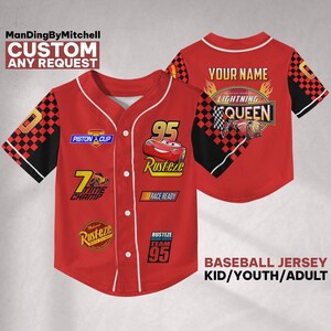 Cars Lightning Mcqueen Piston Cup-kampioen rood personaliseren, honkbalshirt Disney Cars, Cars Team-jersey, gepersonaliseerde Disney-outfit