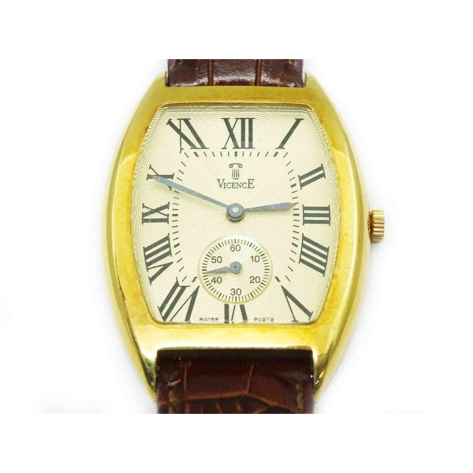 Vicence 14KT Gold Watch with Denim and Leather Strap Vicence Wrist Watch Quartz Swiss Movement 14K Gold Case with  main image 4