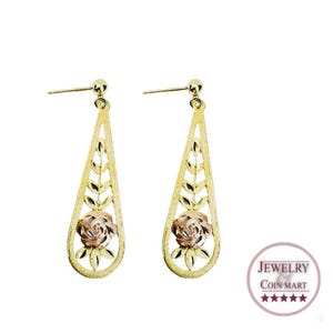 14k Multi-tone Gold Fine Etched Rose Dangle Earrings