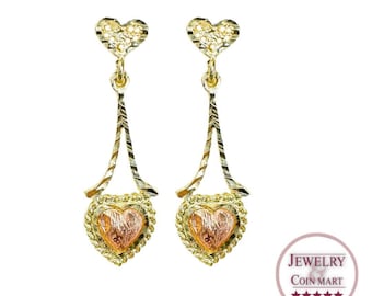 14k Two Tone Gold Heart Etched Dangle Earrings