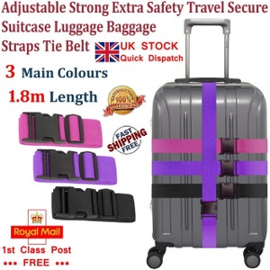May include: Three luggage straps in pink, purple, and black with adjustable buckles. The straps are 1.8 metres long and are shown wrapped around a grey suitcase. The text "UK STOCK Quick Dispatch" is visible in the image.