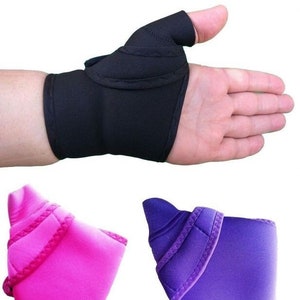 May include: Two thumb supports, one pink and one purple, made of neoprene. The supports are designed to help stabilize and support the thumb.