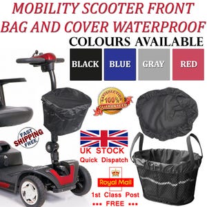 May include: A black mobility scooter with red trim and a black front basket. The scooter has a black cover for the basket and a black seat. The image also shows a black waterproof cover for the basket, a black waterproof cover for the seat, and a black mesh bag with a handle.