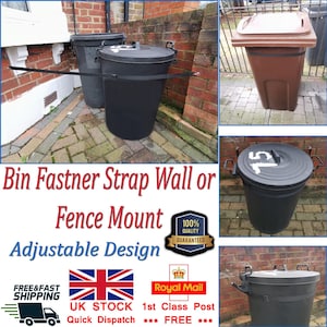 May include: Black and brown plastic trash cans secured to a brick wall with a black adjustable strap. The strap is labeled "Bin Fastner Strap Wall or Fence Mount Adjustable Design".
