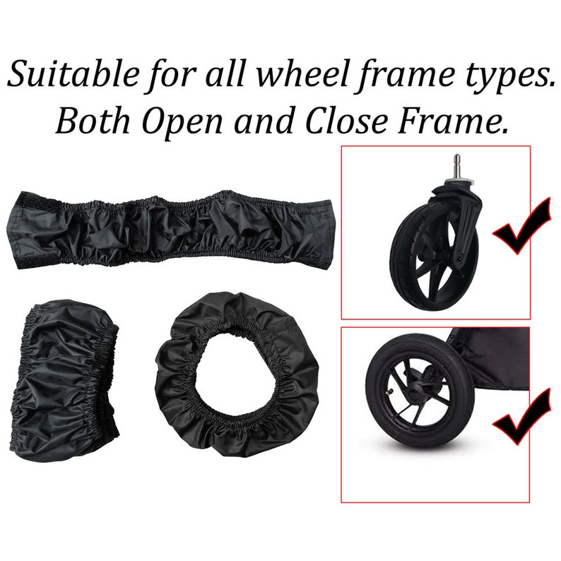 K&ouml;nnte beinhalten: Ein Set aus schwarzen Stoff-Radabdeckungen mit elastischen R&auml;ndern und Klettverschl&uuml;ssen. Der Text lautet: Suitable for all wheel frame types. Both Open and Close Frame. Zwei kleine Bilder zeigen die Abdeckungen an Kinderwagenr&auml;dern.